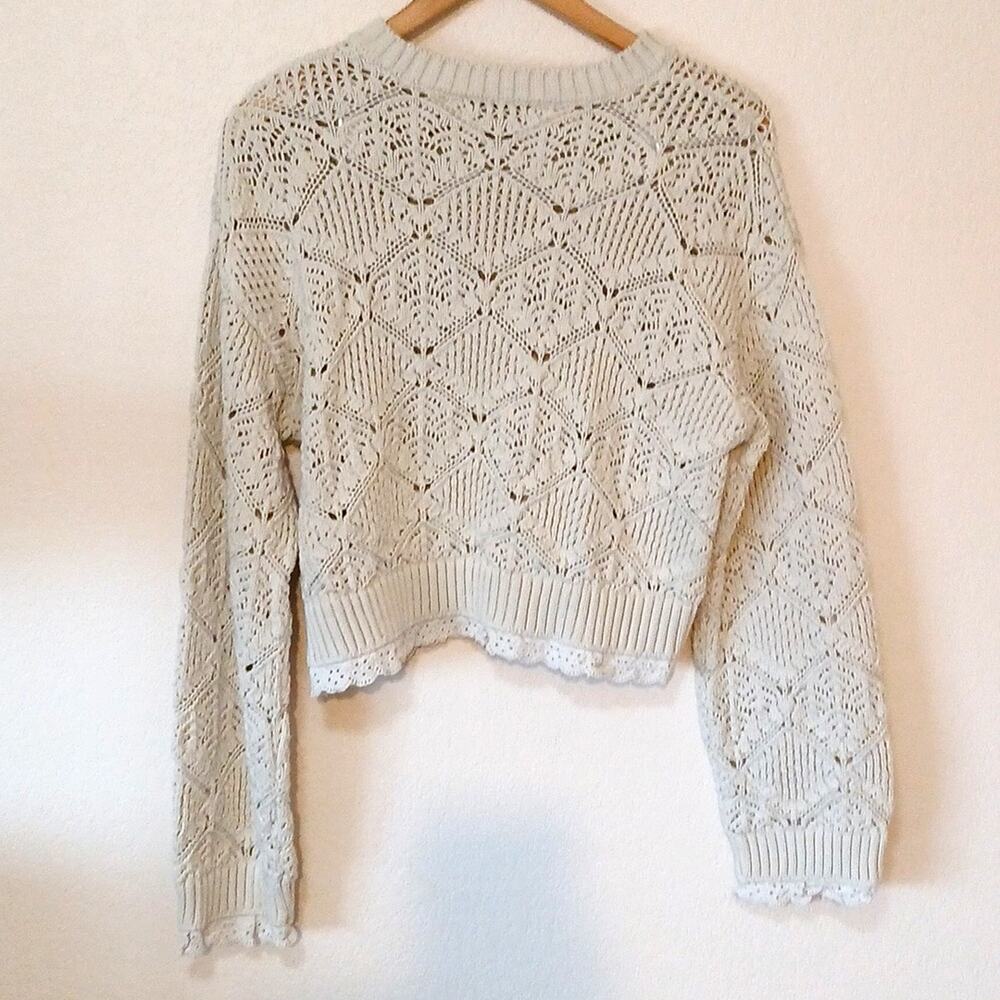 Zara Cream Open Knit Sweater With Crochet Hems Short Cut - Picture 2 of 5